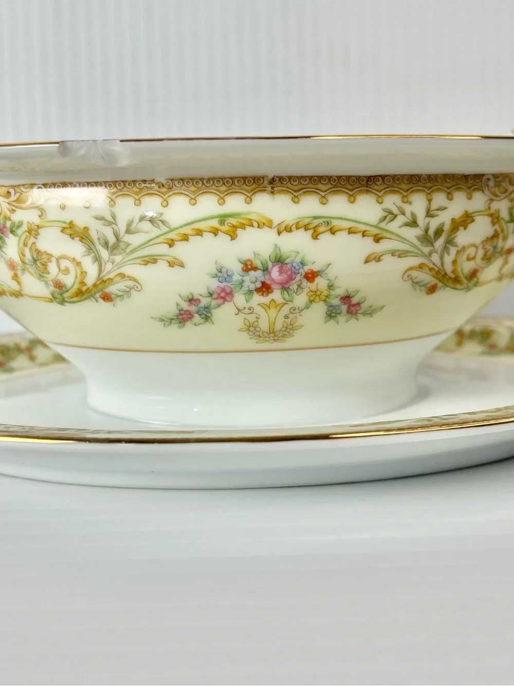 Noritake Nanette 683 Porcelain Floral Gold Gravy Boat & Underplate Set-AS IS